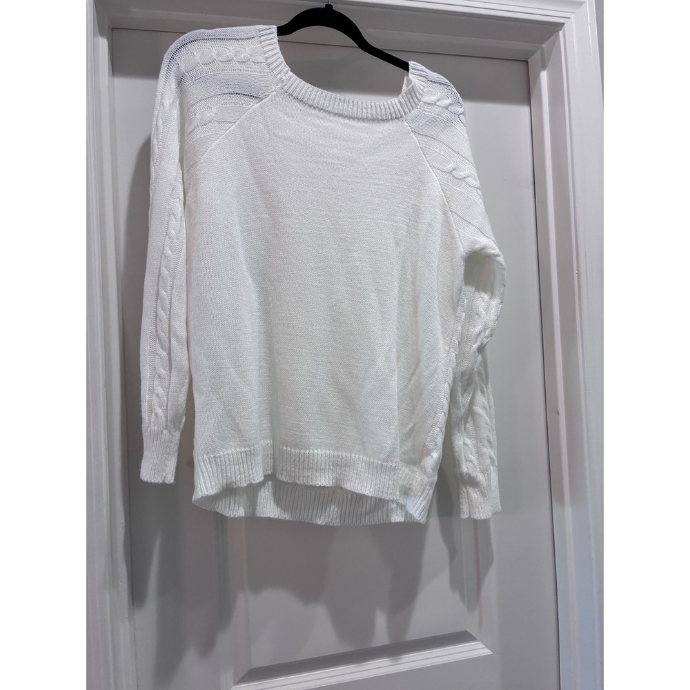 White Cable Knit Button Shoulder Sweater Scoop Neck Diamond Lattice 100% acrylic - Picture 2 of 5